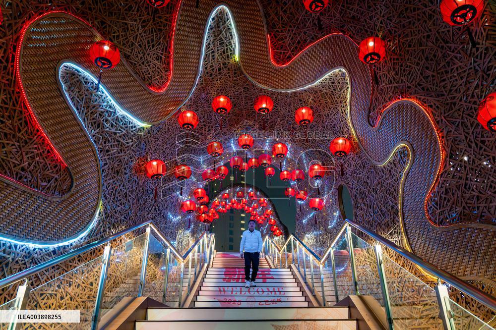 Lanterns Hanging in Bamboo Weaving Tunnels in Chongqing