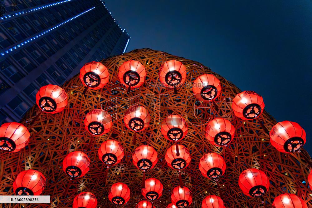 Lanterns Hanging in Bamboo Weaving Tunnels in Chongqing