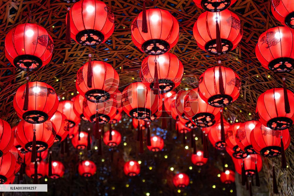Lanterns Hanging in Bamboo Weaving Tunnels in Chongqing