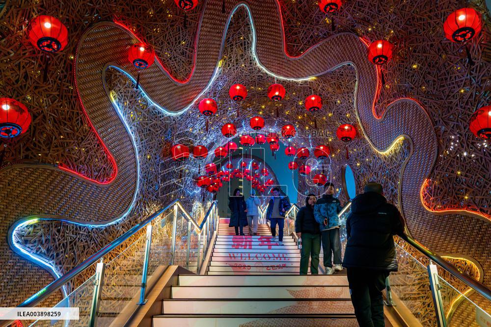 Lanterns Hanging in Bamboo Weaving Tunnels in Chongqing