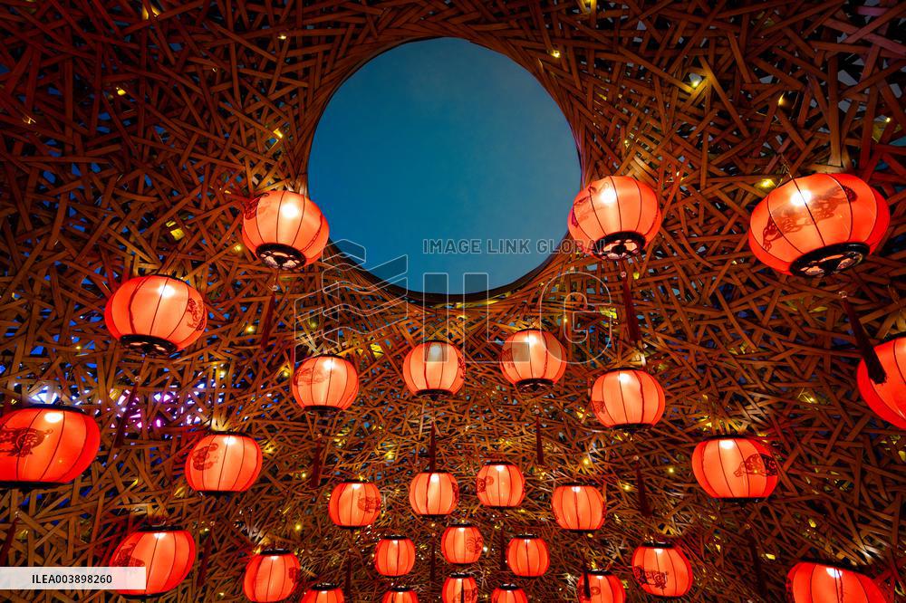 Lanterns Hanging in Bamboo Weaving Tunnels in Chongqing