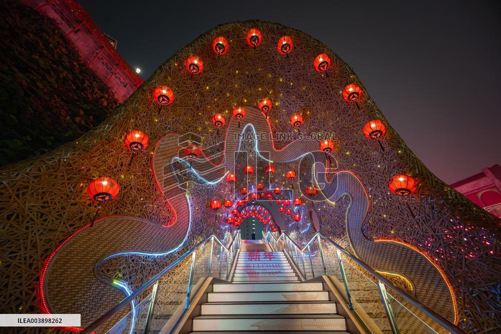 Lanterns Hanging in Bamboo Weaving Tunnels in Chongqing