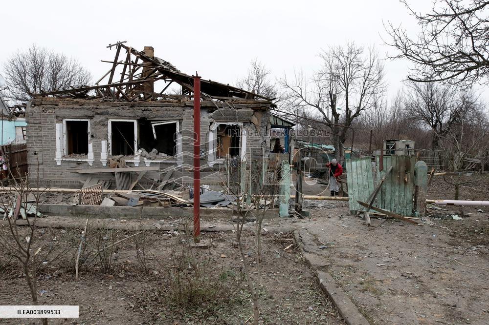 Aftermath of Russian shelling in Yasnohirka village in eastern Ukraine