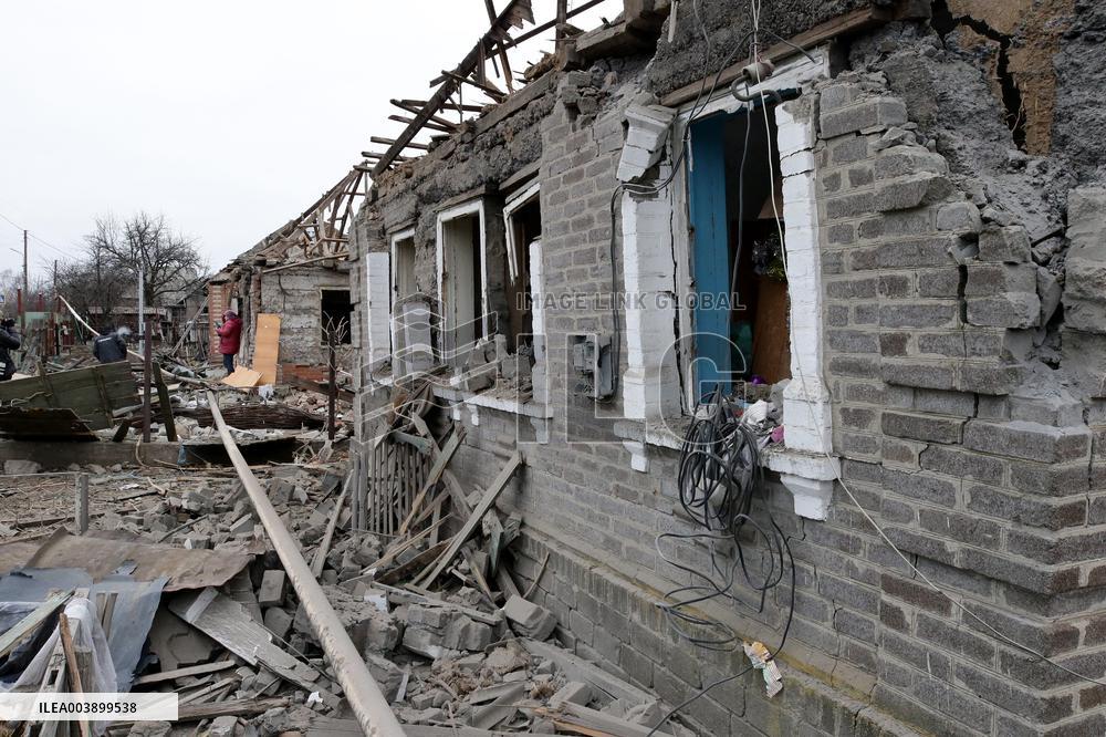 Aftermath of Russian shelling in Yasnohirka village in eastern Ukraine
