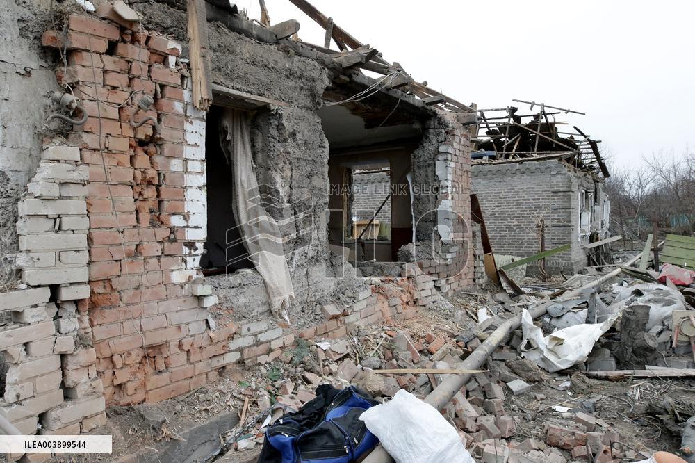 Aftermath of Russian shelling in Yasnohirka village in eastern Ukraine