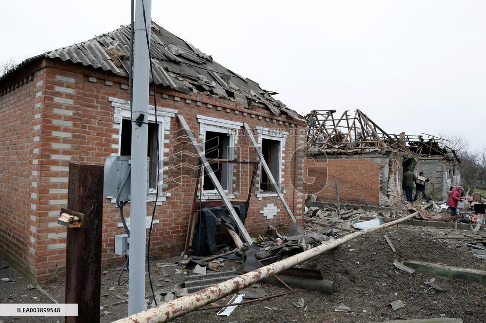 Aftermath of Russian shelling in Yasnohirka village in eastern Ukraine