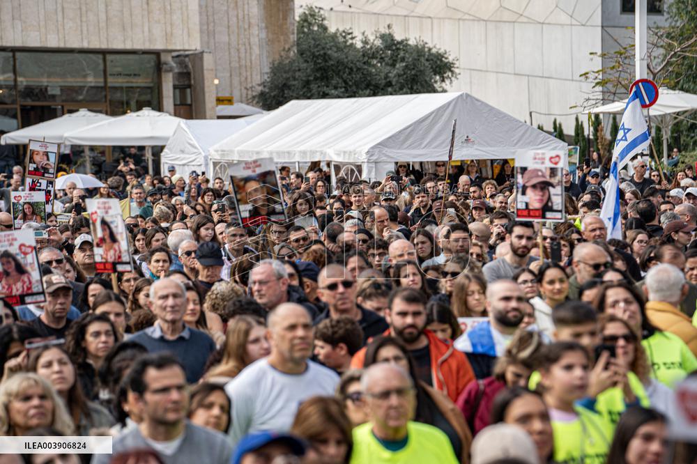 Israeli Supporters And Relatives Of Hostages Gather In Tel Aviv