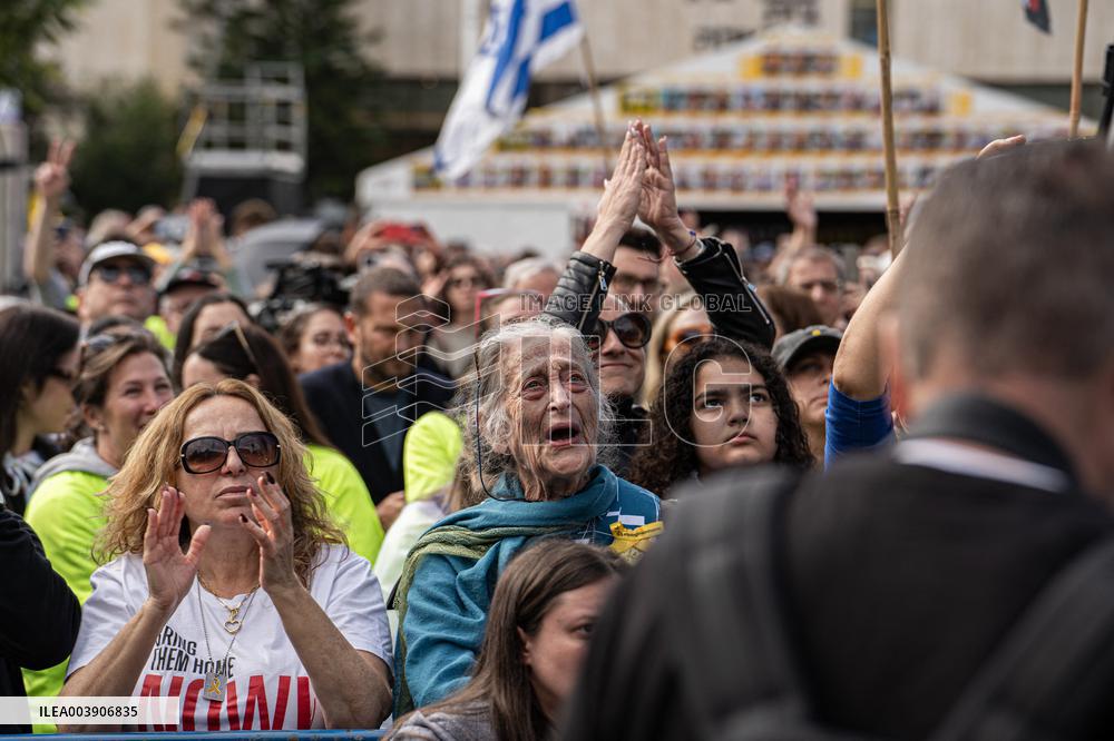 Israeli Supporters And Relatives Of Hostages Gather In Tel Aviv
