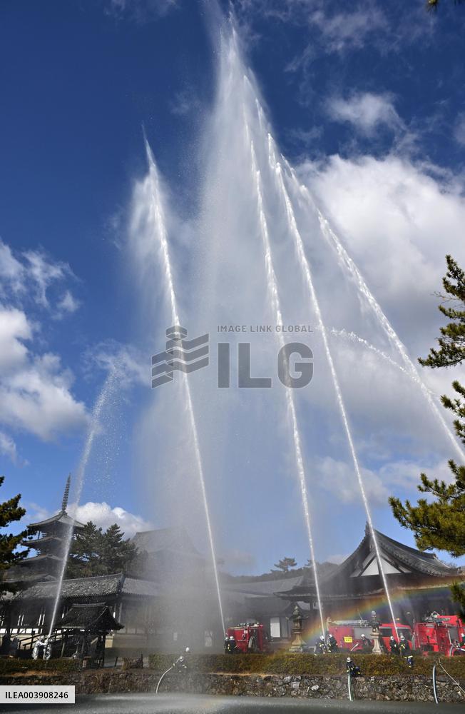 Fire drill at Horyu-ji temple