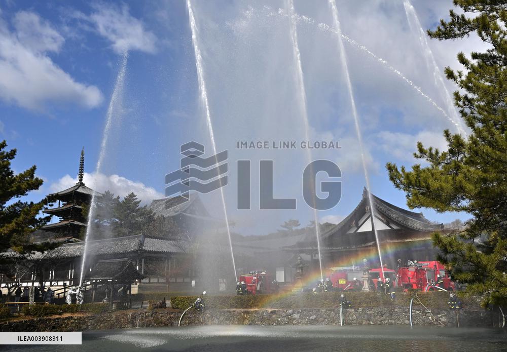 Fire drill at Horyu-ji temple