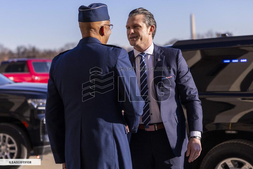 US Secretary of Defense Pete Hegseth arrives for his first official day at the Pentagon