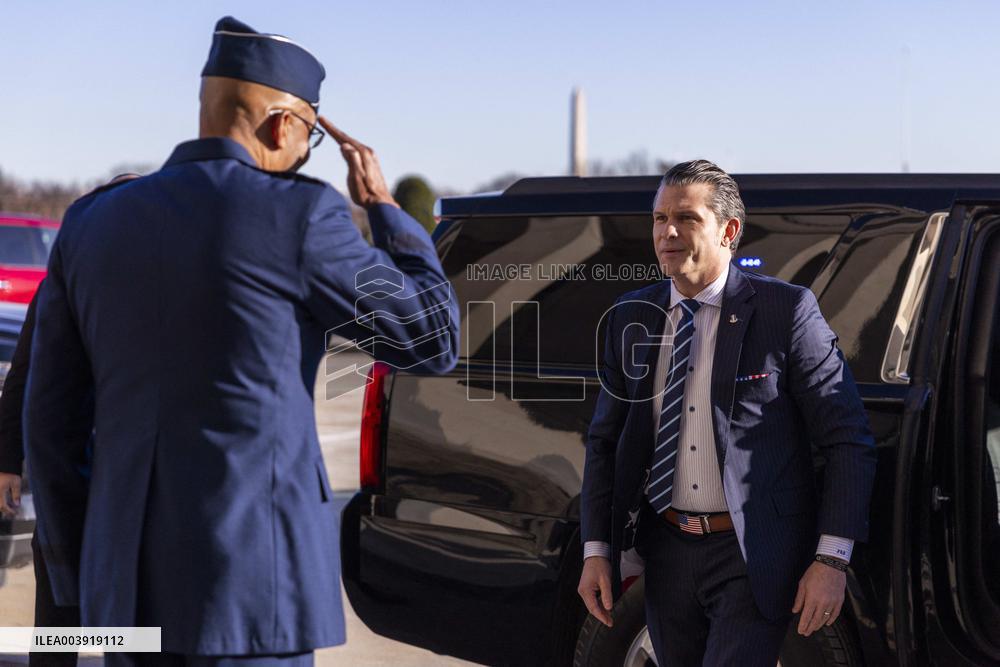 US Secretary of Defense Pete Hegseth arrives for his first official day at the Pentagon