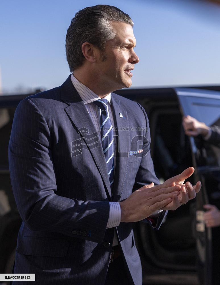US Secretary of Defense Pete Hegseth arrives for his first official day at the Pentagon