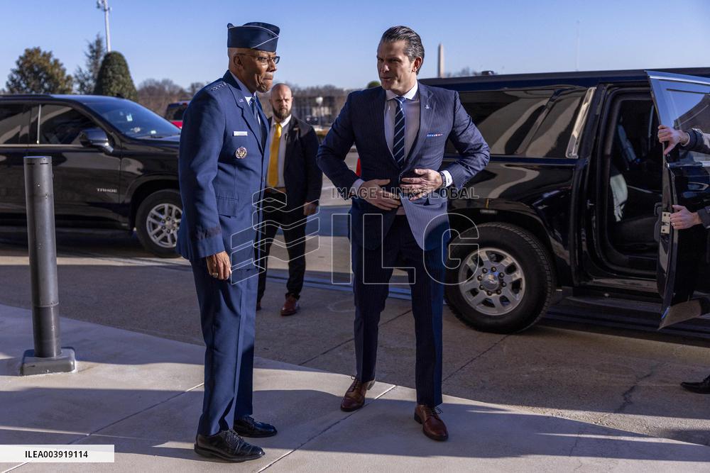 US Secretary of Defense Pete Hegseth arrives for his first official day at the Pentagon