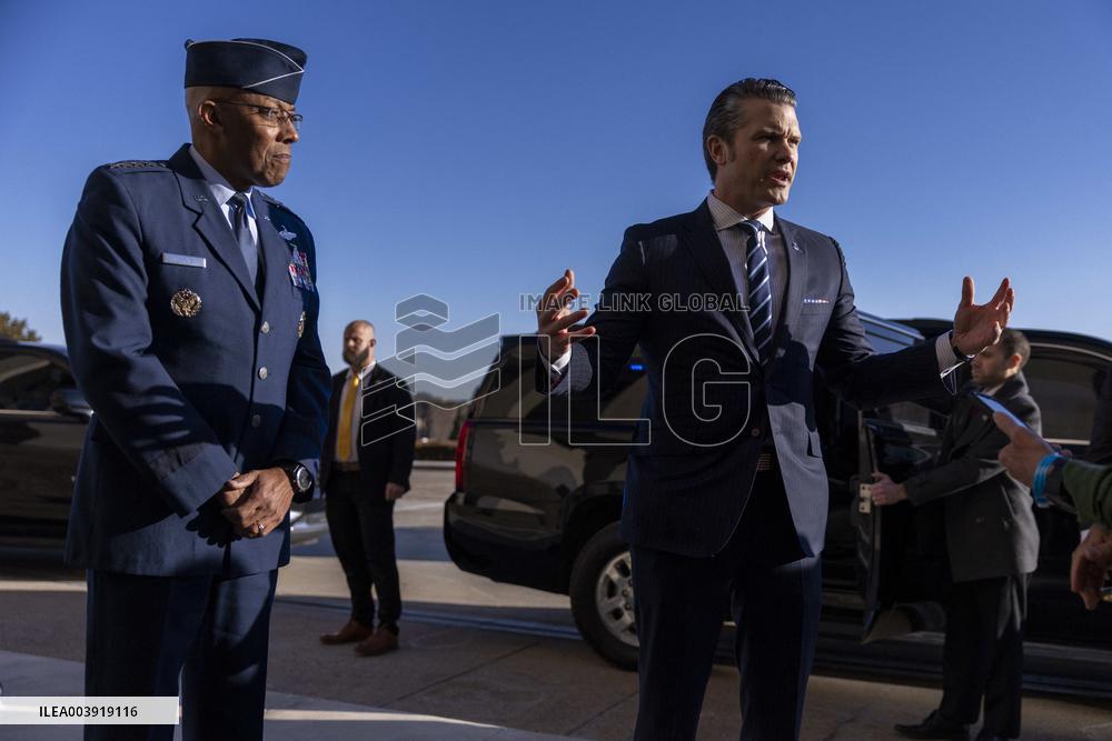US Secretary of Defense Pete Hegseth arrives for his first official day at the Pentagon