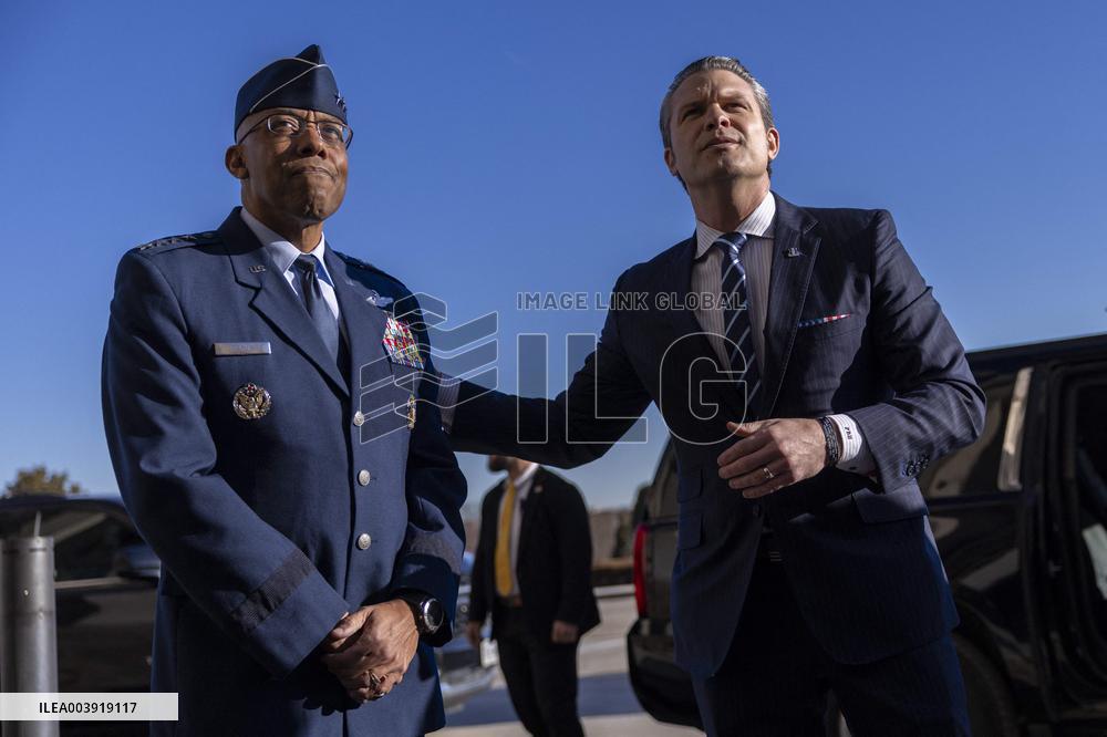 US Secretary of Defense Pete Hegseth arrives for his first official day at the Pentagon