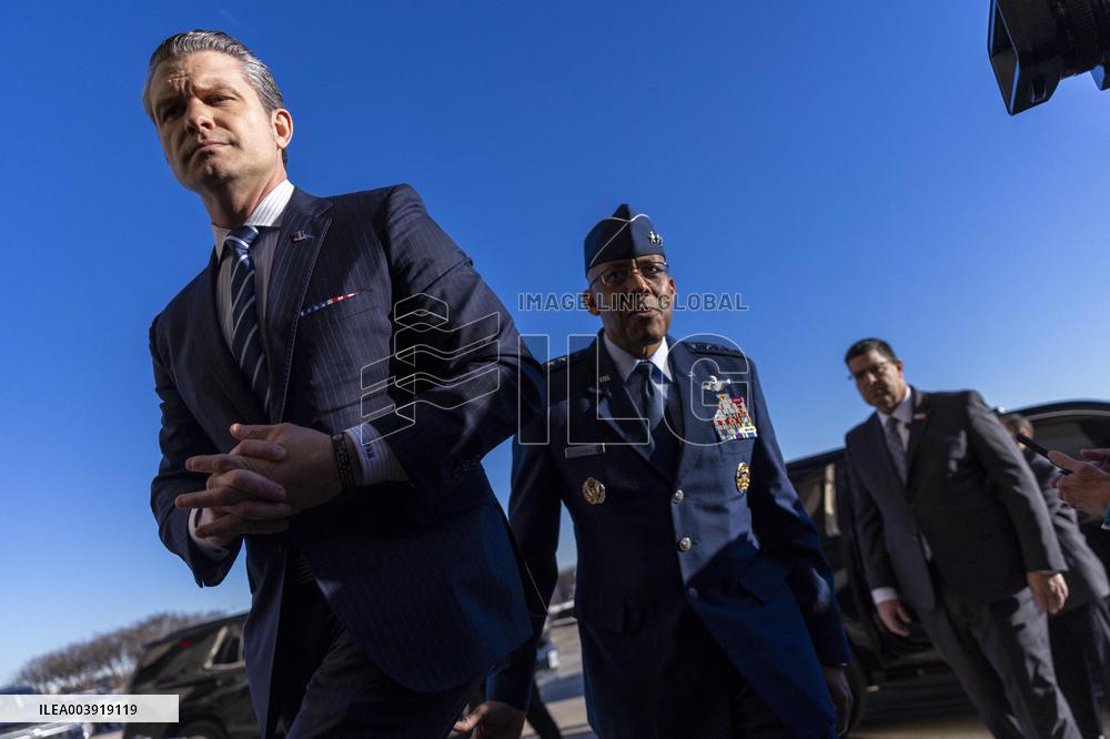 US Secretary of Defense Pete Hegseth arrives for his first official day at the Pentagon