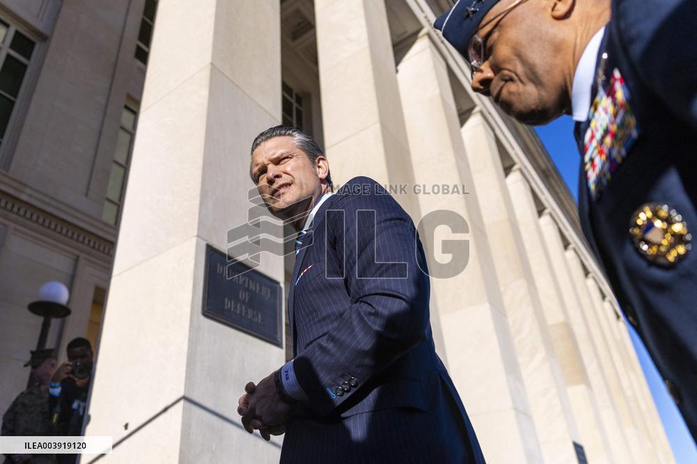 US Secretary of Defense Pete Hegseth arrives for his first official day at the Pentagon