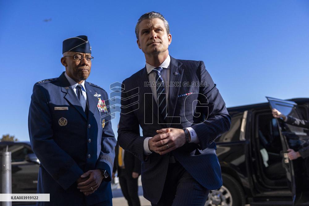 US Secretary of Defense Pete Hegseth arrives for his first official day at the Pentagon