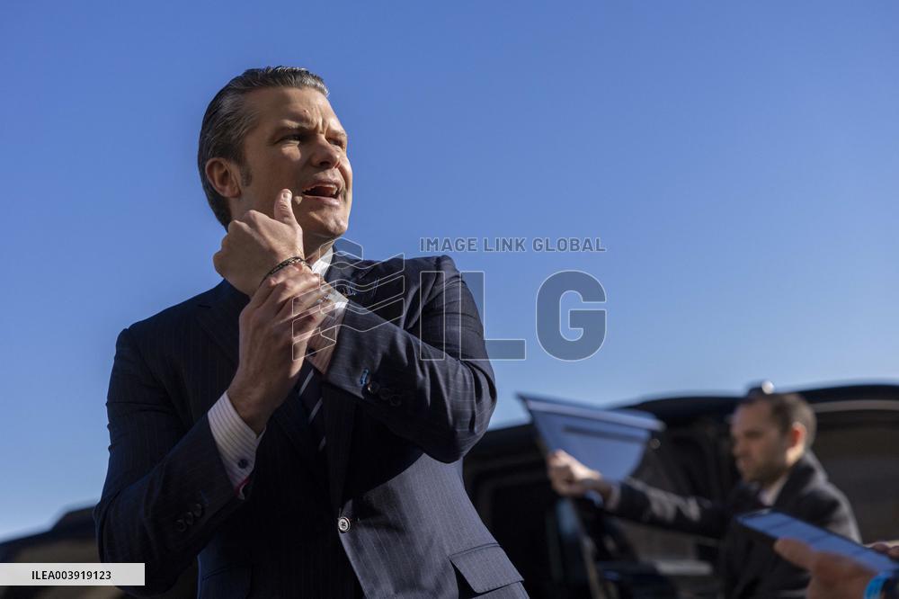 US Secretary of Defense Pete Hegseth arrives for his first official day at the Pentagon