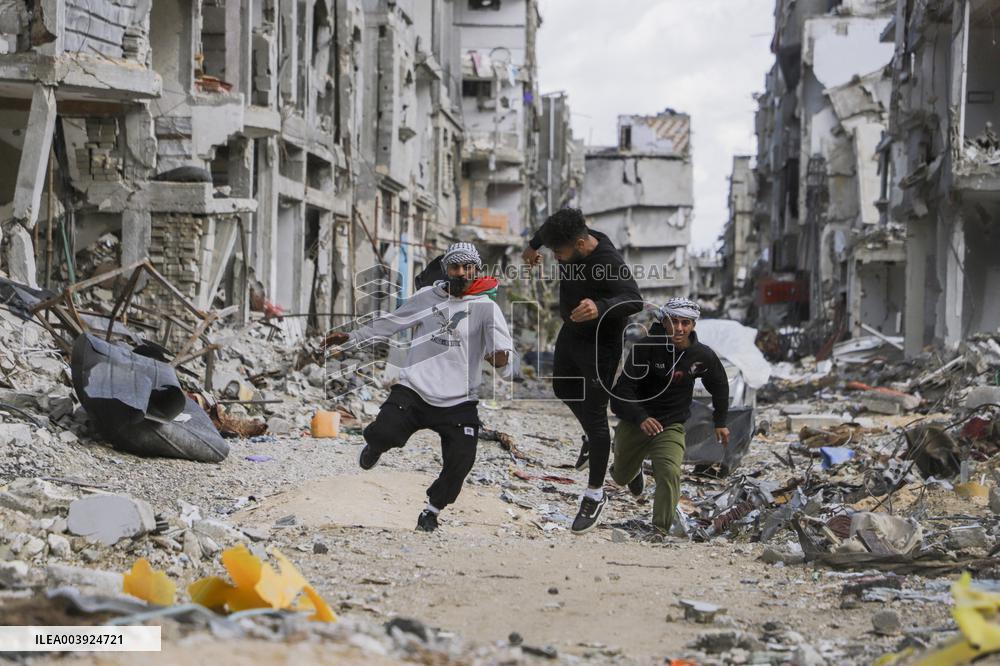 Young Palestinians Perform Between The Ruins - Gaza