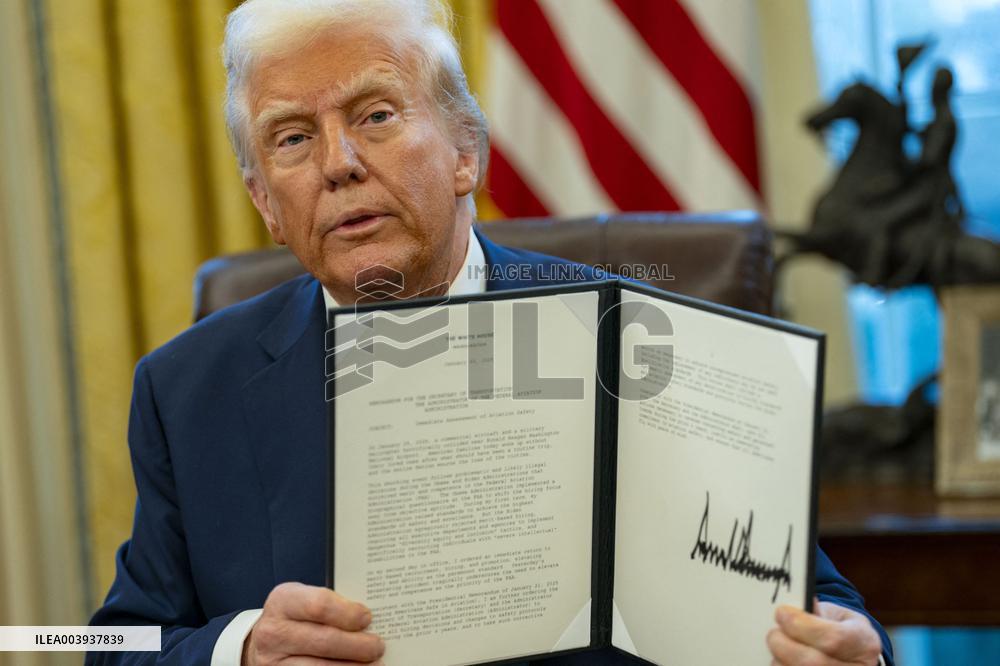 President Donald Trump Signs Two Executive Orders After Reagan Airport Crash