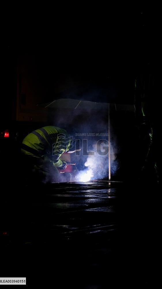 Late-Night Tramway Repairs In Historical Center - Gent
