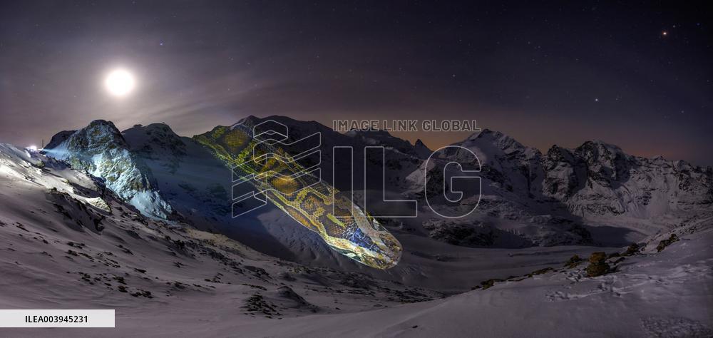 A Snake Projected On Pers Glacier - Switzerland