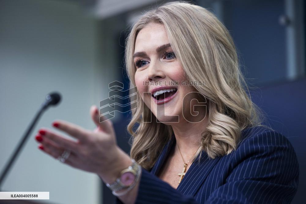 US President Trump's Press Secretary Karoline Leavitt speaks in the briefing room