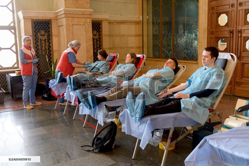 Blood donation event at Kyivs Central Railway Station Building