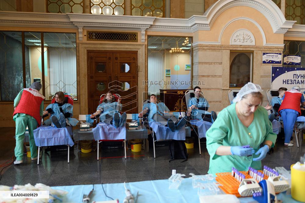 Blood donation event at Kyivs Central Railway Station Building