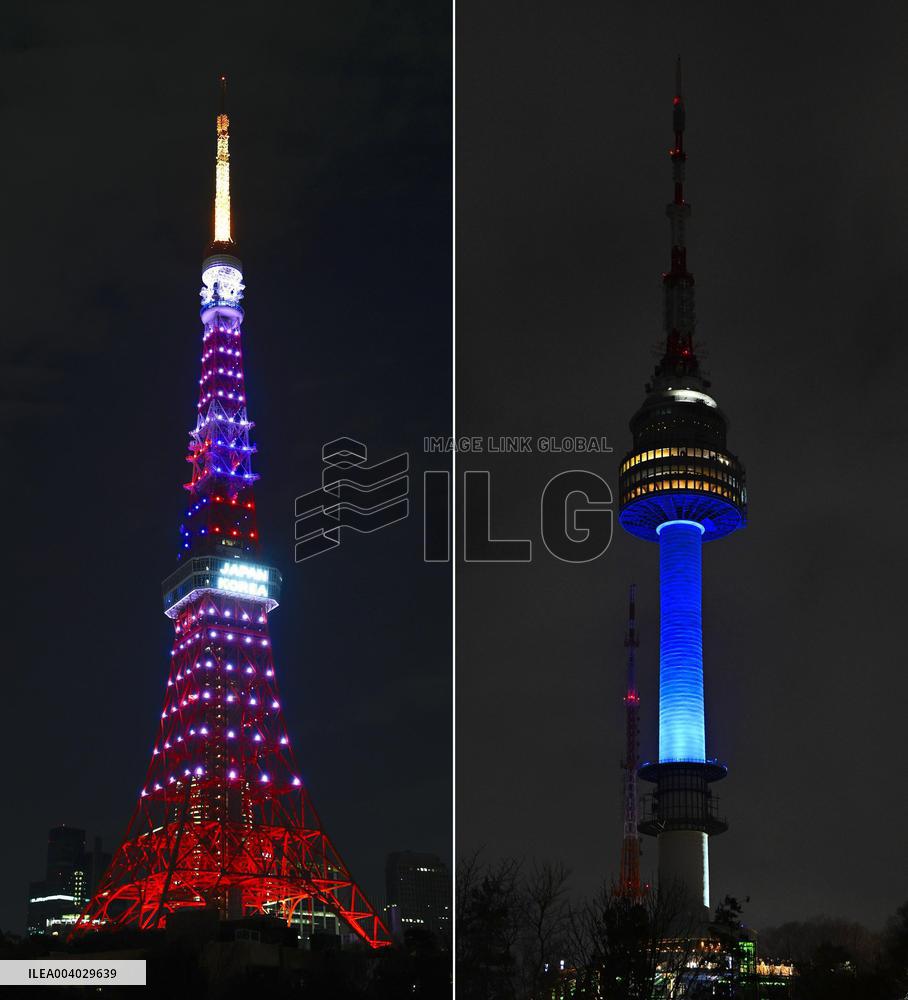 Tokyo Tower and N Seoul Tower lit up