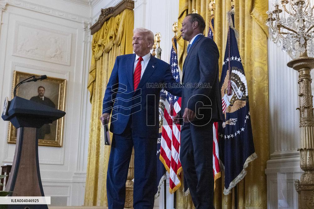 US President Donald J. Trump delivers remarks during a reception honoring Black History Month