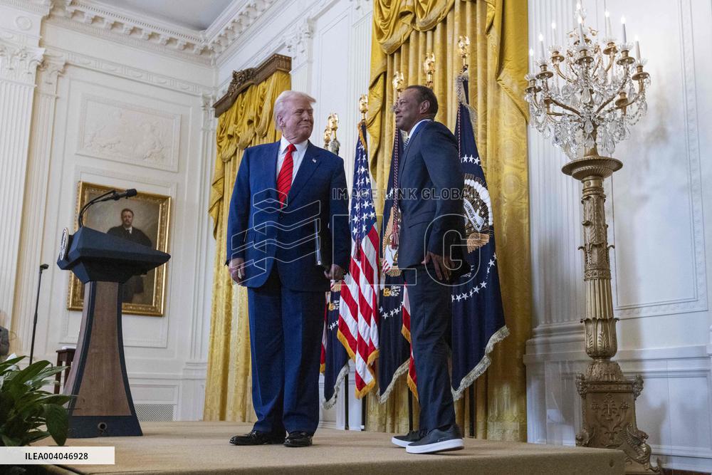 US President Donald J. Trump delivers remarks during a reception honoring Black History Month