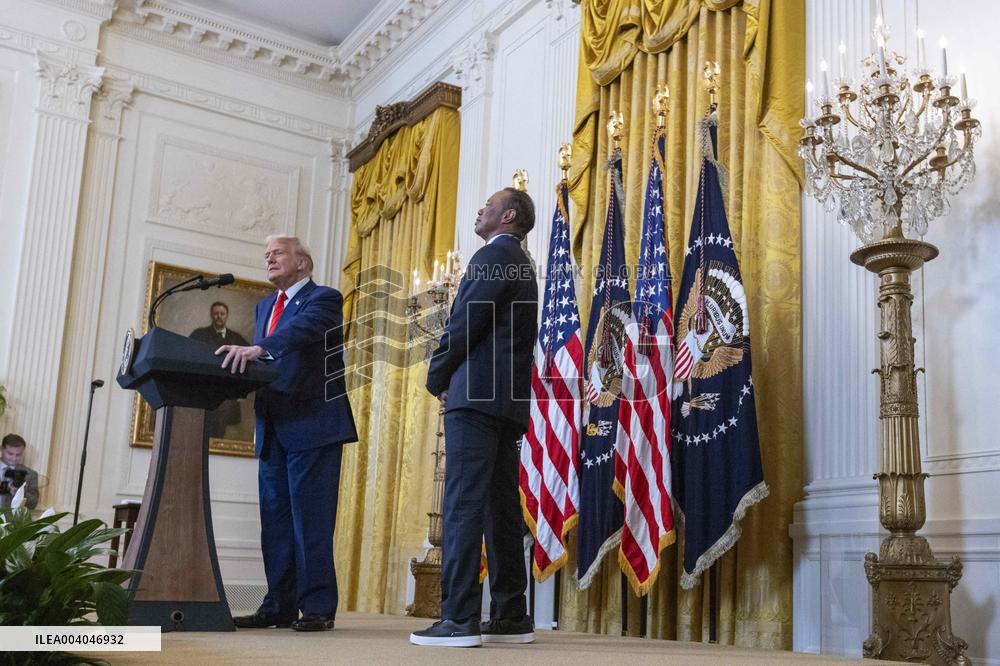 US President Donald J. Trump delivers remarks during a reception honoring Black History Month
