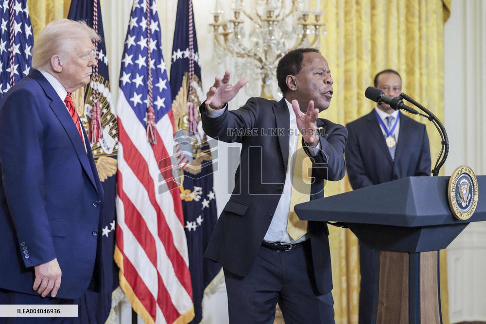 US President Donald J. Trump delivers remarks during a reception honoring Black History Month