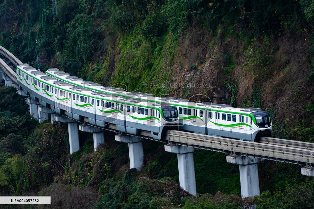 Metro Line 2 Passes A Sea of Pink Flowers in Fotuguan Park in Chongqing