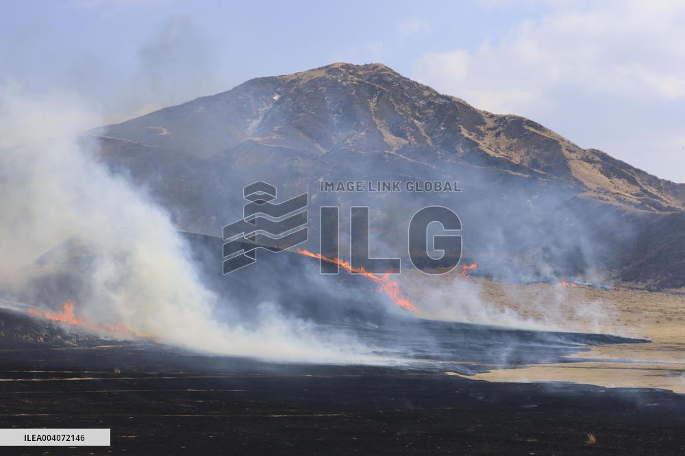 Controlled grassland burn on Mt. Aso