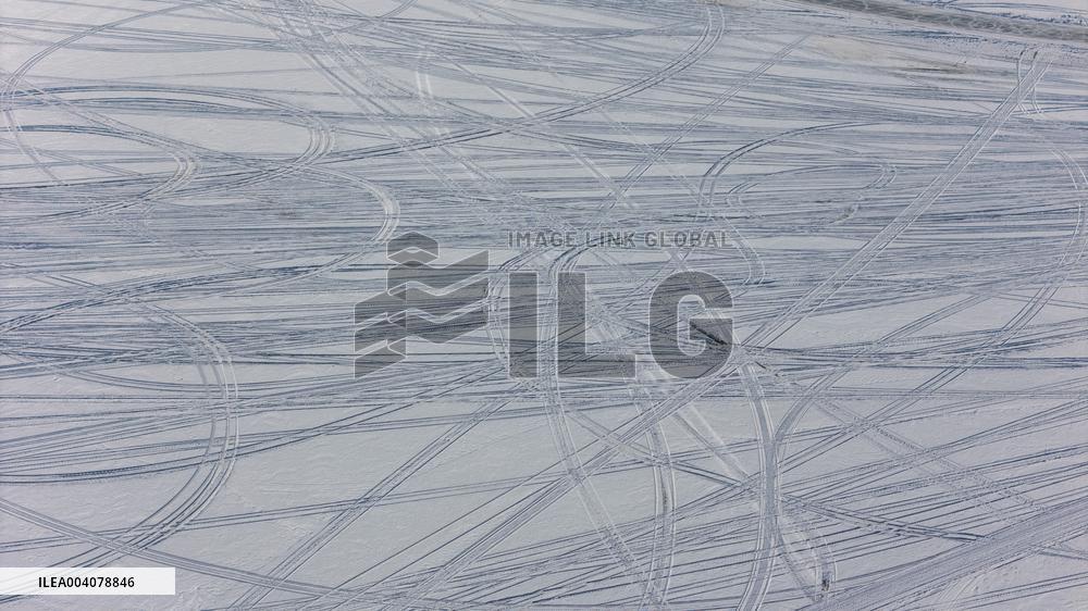 Ice track on a frozen lake