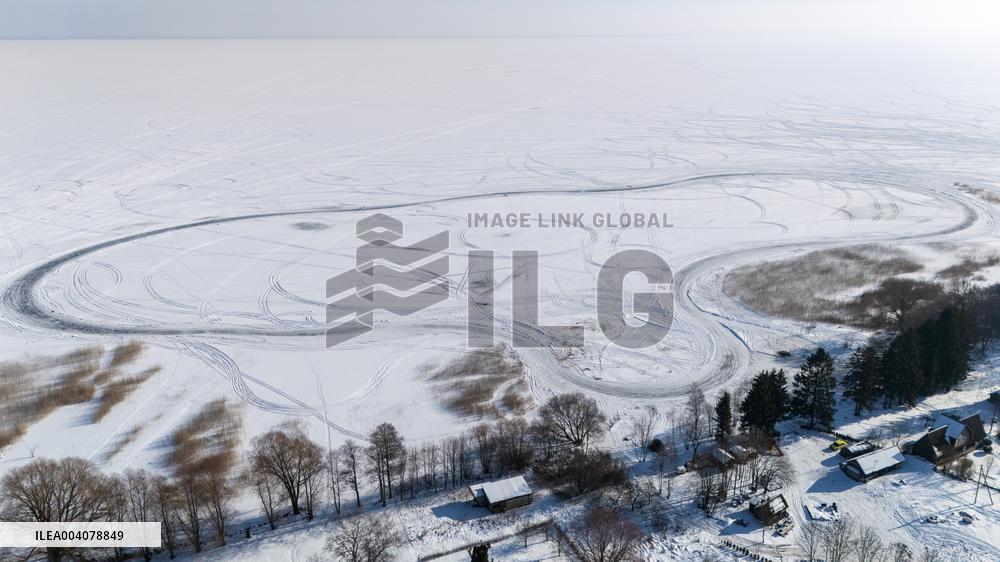 Ice track on a frozen lake