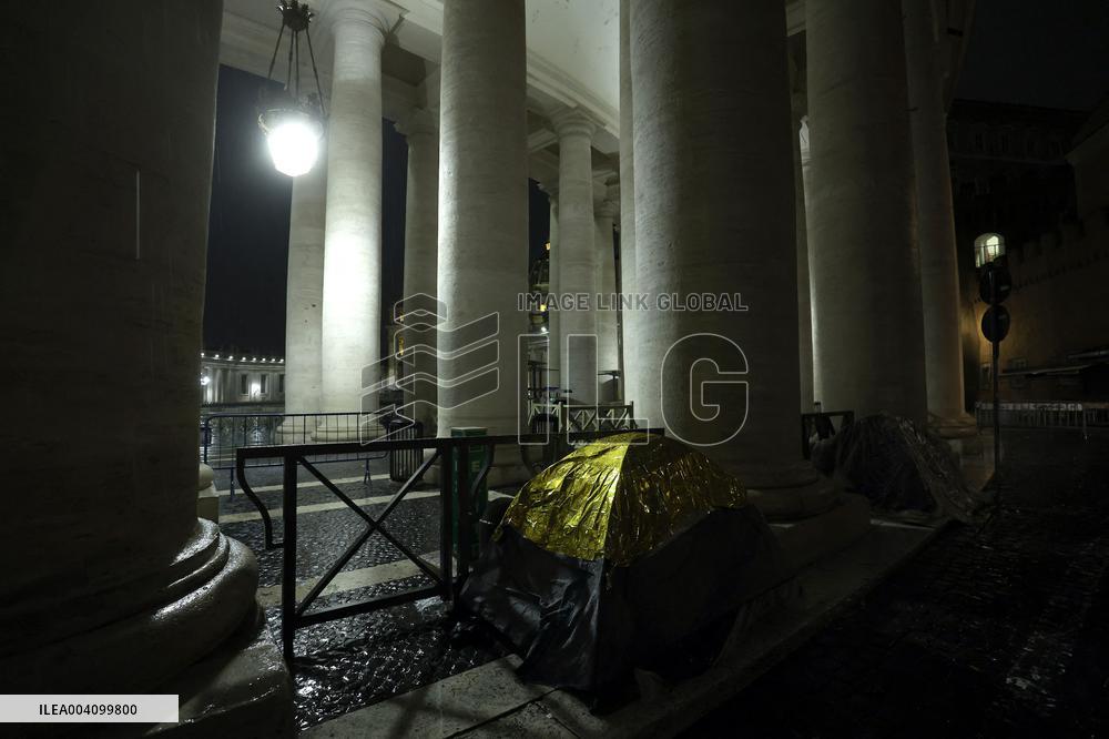The tents of the homeless around the colonnade of St. Peter's