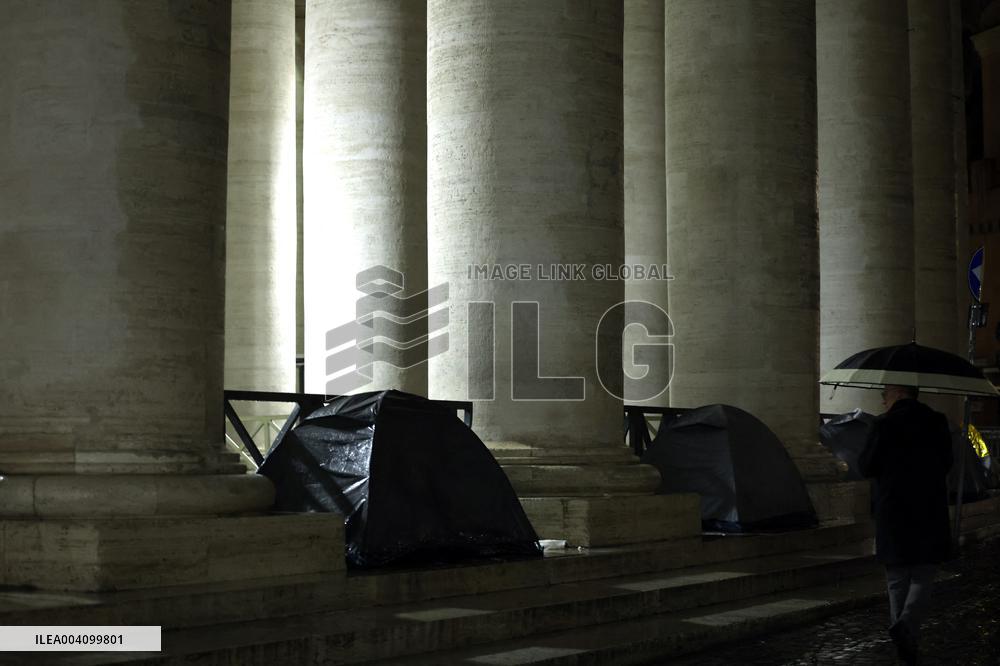 The tents of the homeless around the colonnade of St. Peter's