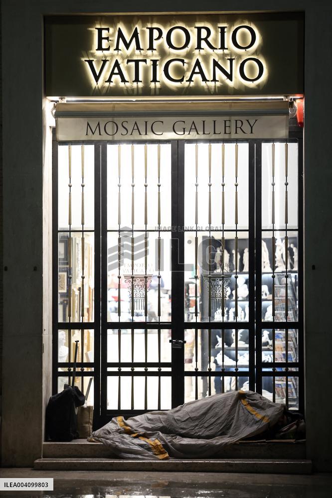 The tents of the homeless around the colonnade of St. Peter's