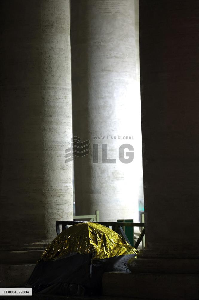 The tents of the homeless around the colonnade of St. Peter's