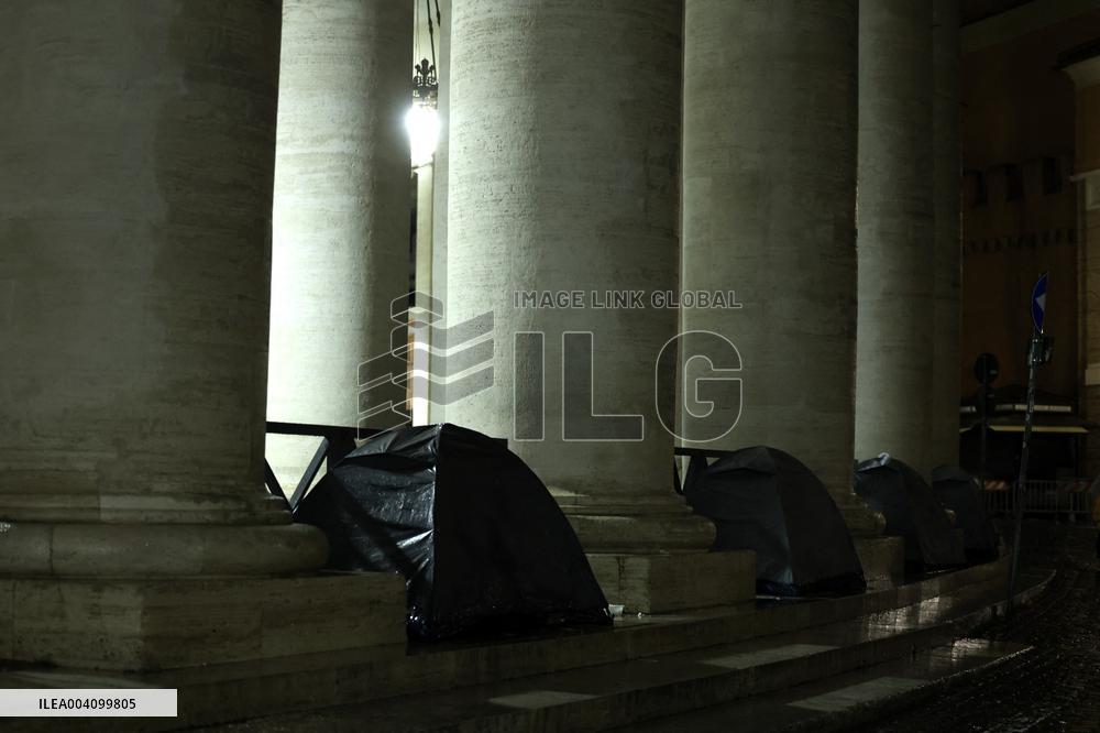 The tents of the homeless around the colonnade of St. Peter's