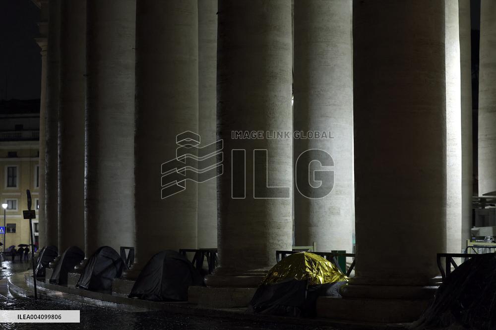 The tents of the homeless around the colonnade of St. Peter's