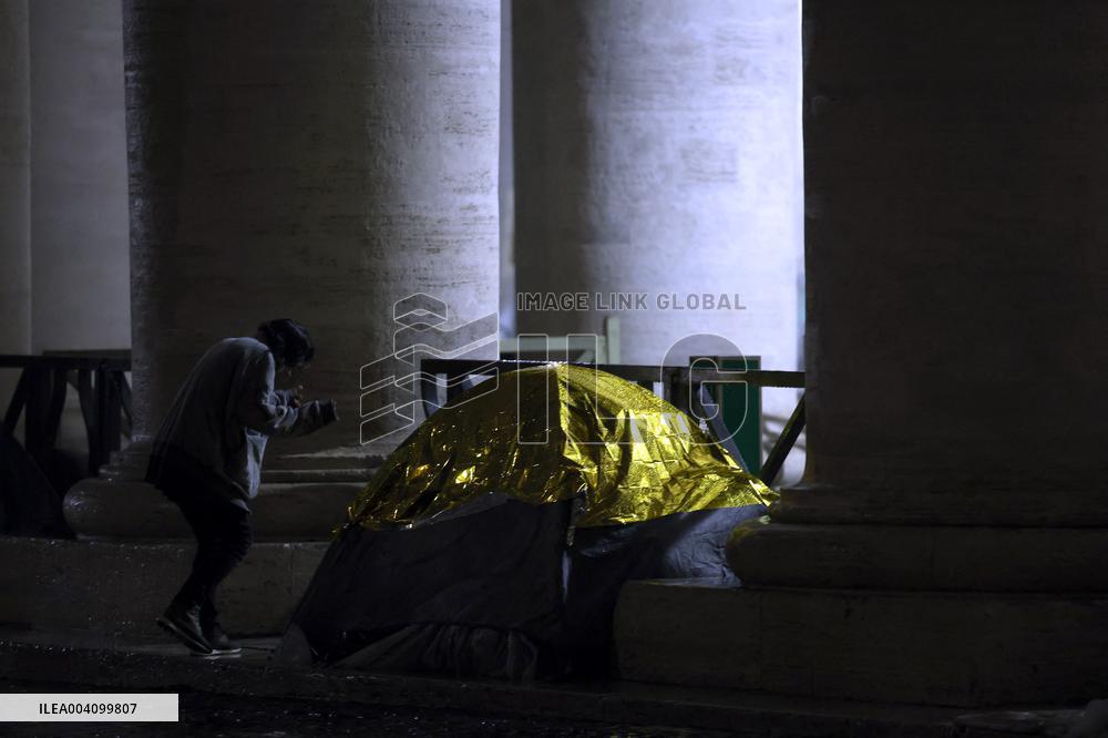 The tents of the homeless around the colonnade of St. Peter's