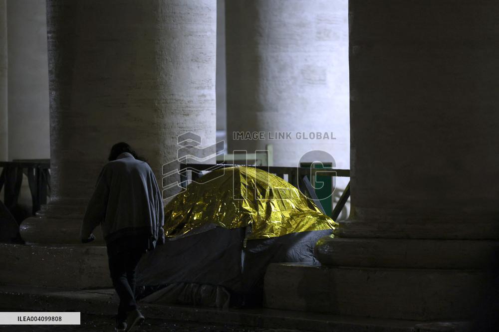 The tents of the homeless around the colonnade of St. Peter's