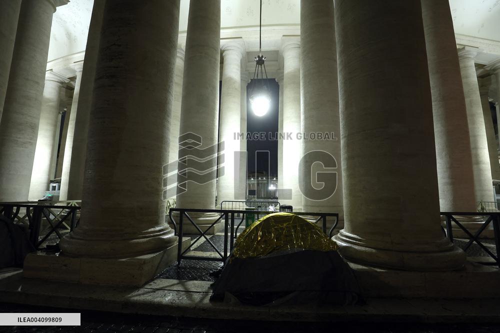 The tents of the homeless around the colonnade of St. Peter's