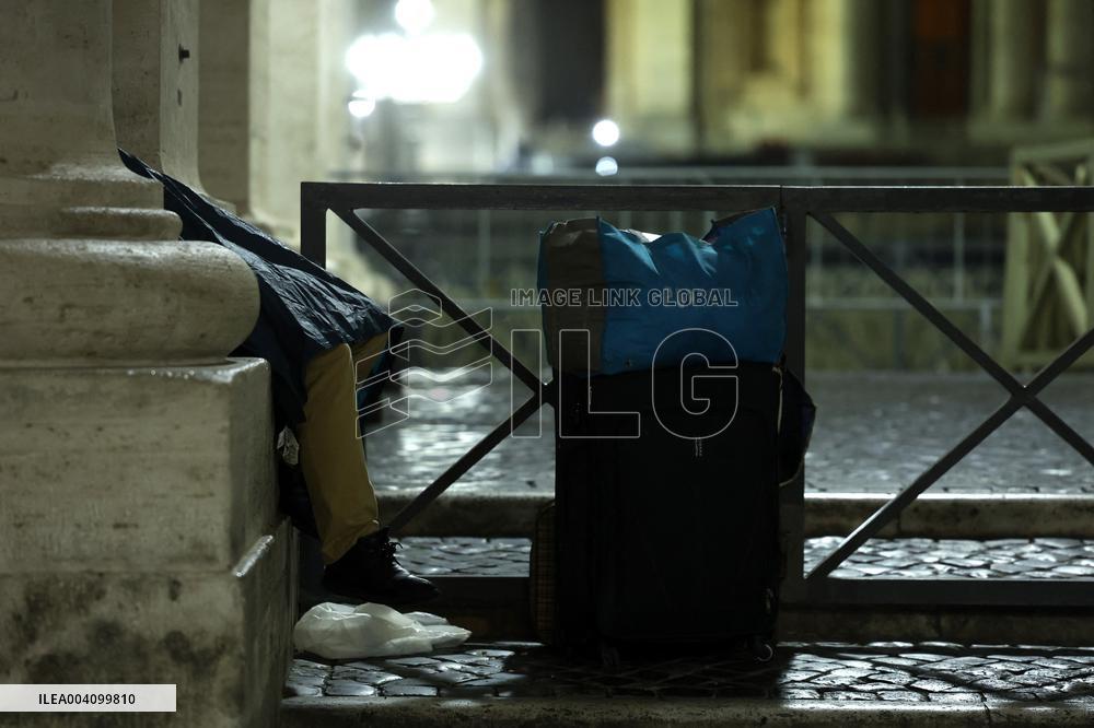 The tents of the homeless around the colonnade of St. Peter's